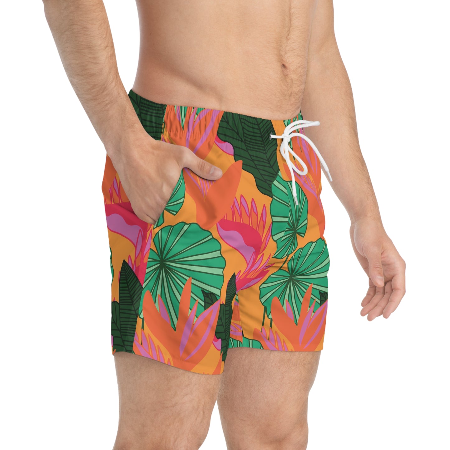 Pleated Plants Printed Swim Trunks