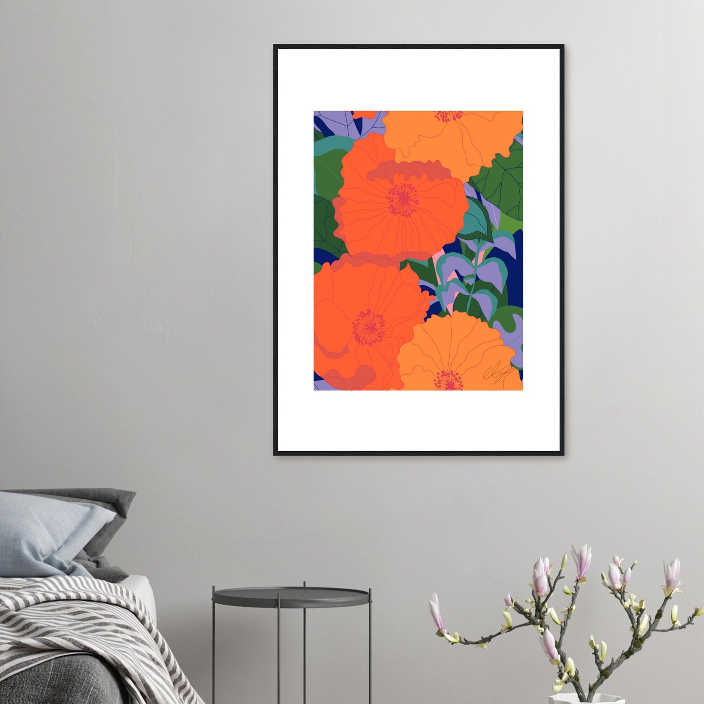 Blood Orange Inferno Blossoms™ Wooden Framed Matte Poster