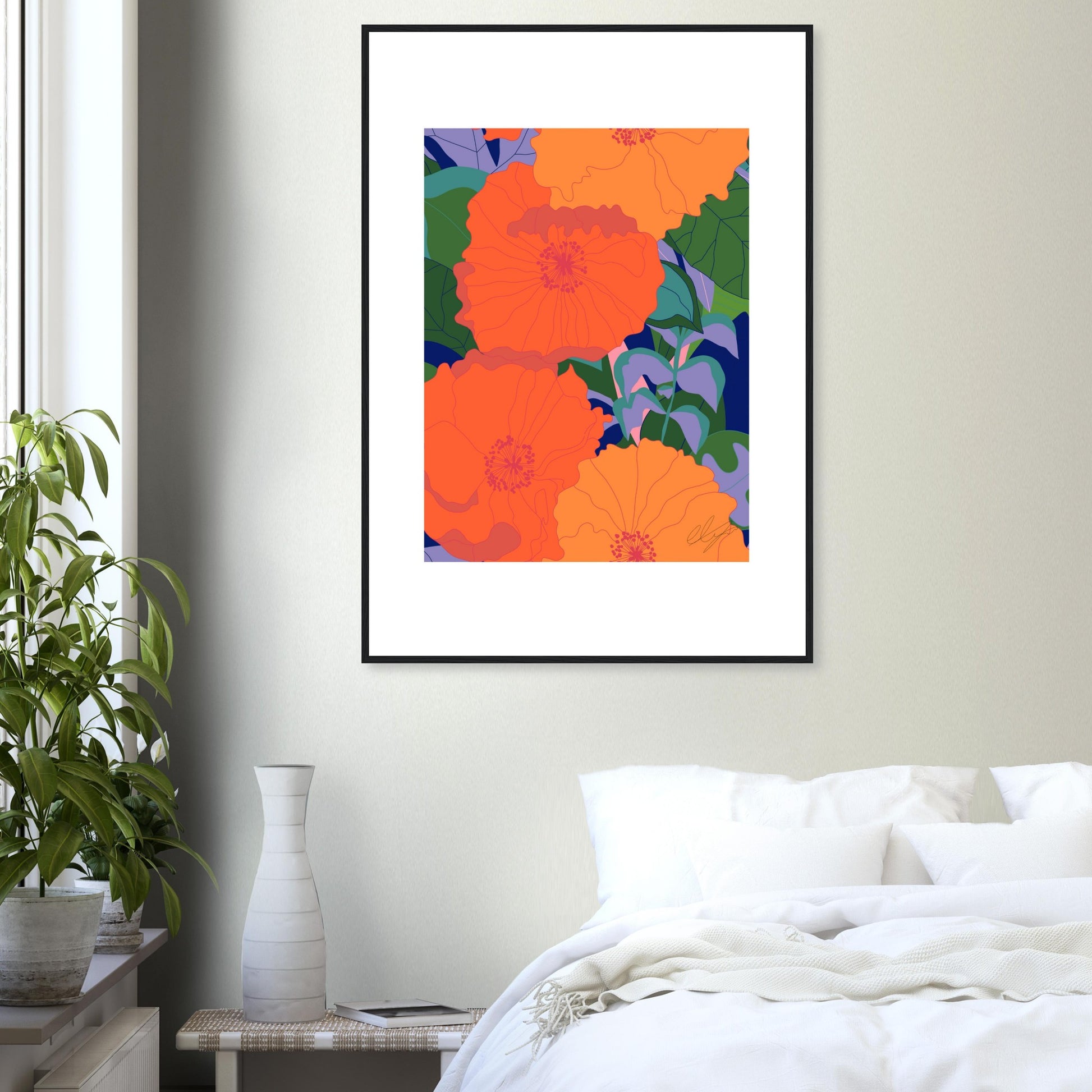 Blood Orange Inferno Blossoms™ Wooden Framed Matte Poster