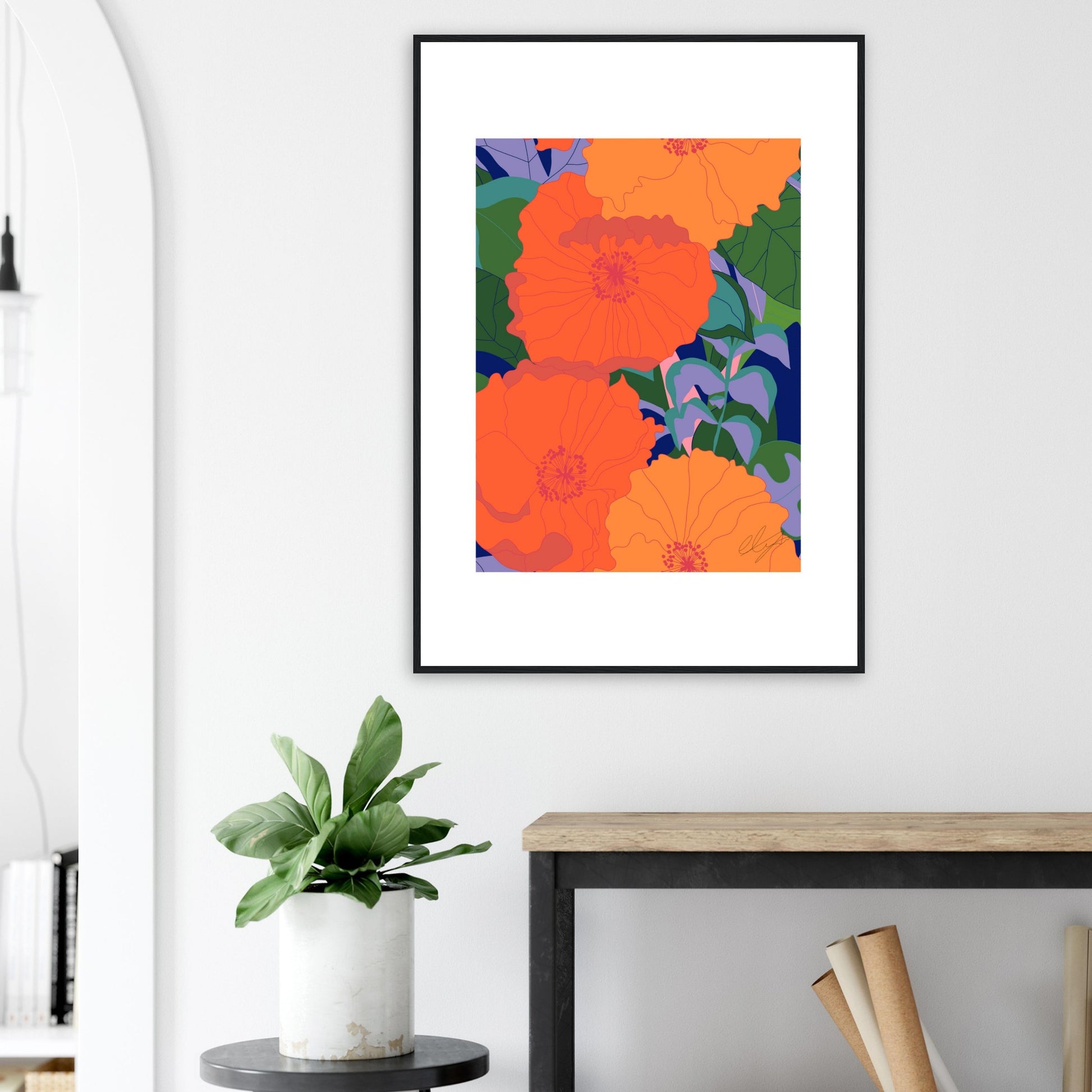Blood Orange Inferno Blossoms™ Wooden Framed Matte Poster