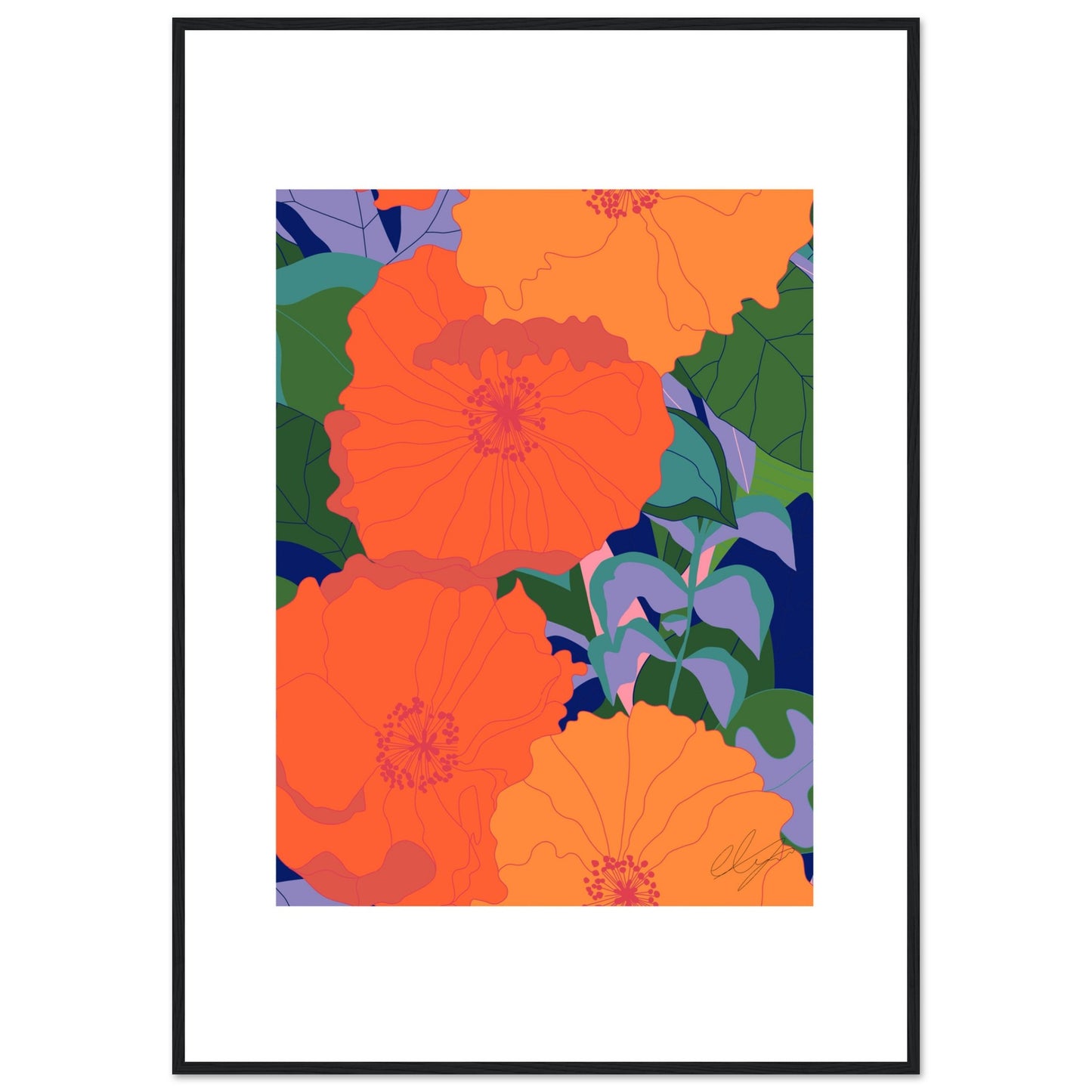 Blood Orange Inferno Blossoms™ Wooden Framed Matte Poster
