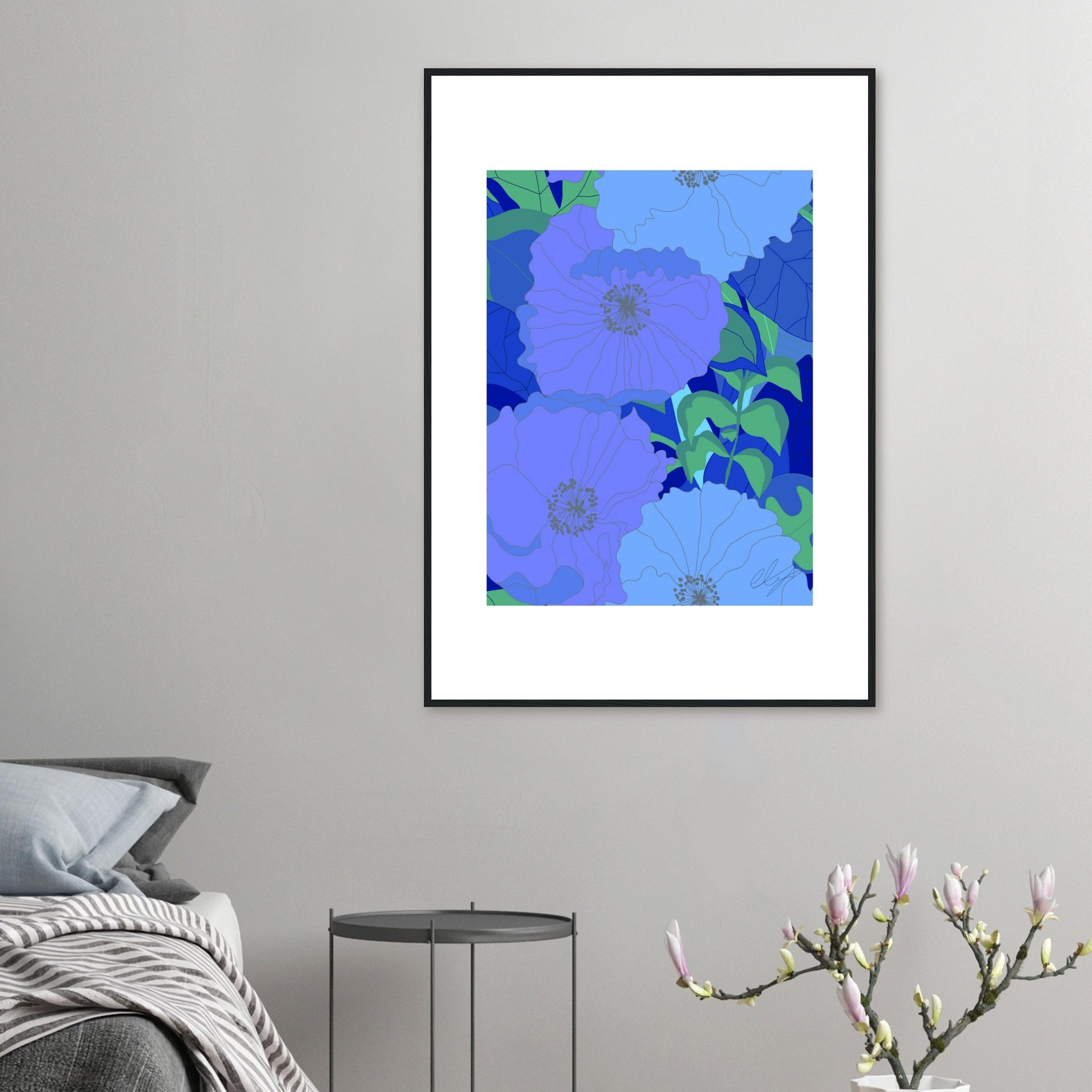 Blue Inferno Blossoms™ Premium Matte Wooden Framed Poster