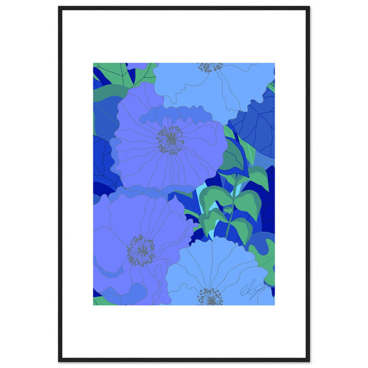 Blue Inferno Blossoms™ Premium Matte Wooden Framed Poster