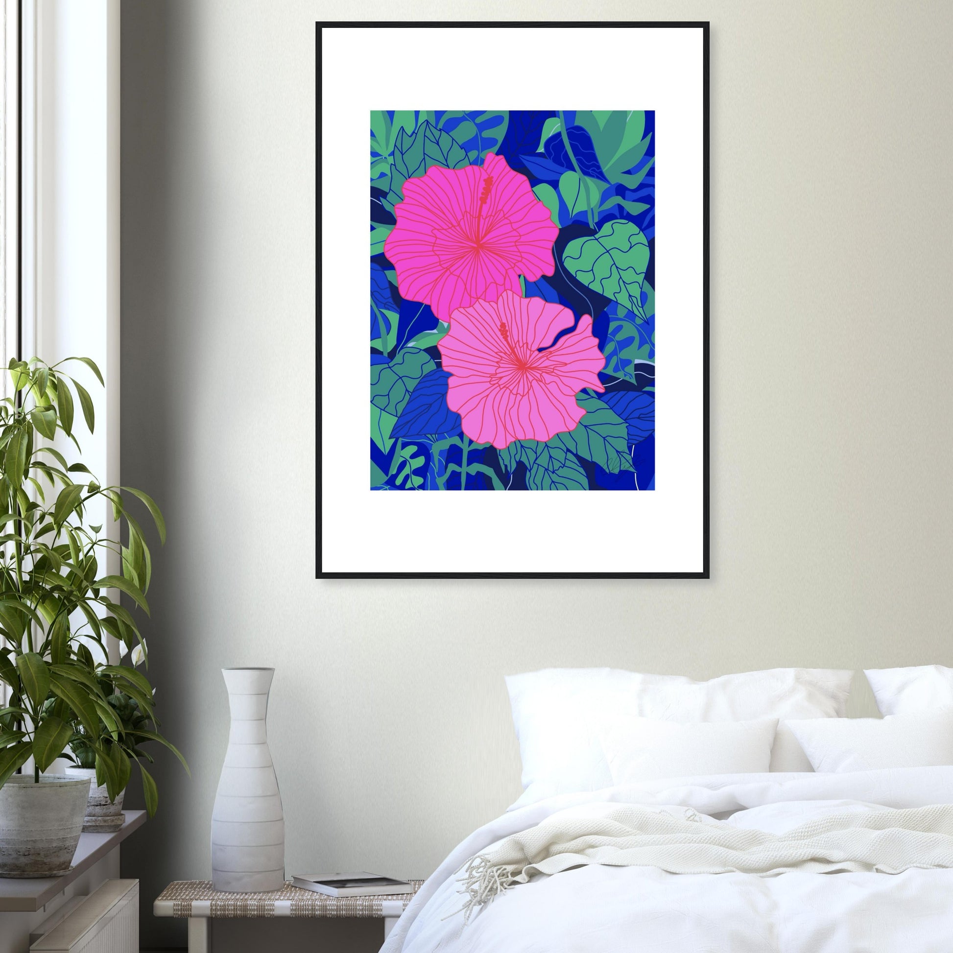Hot Pink Hibiscus Flower™ Premium Wooden Framed Matte Wall Art Print