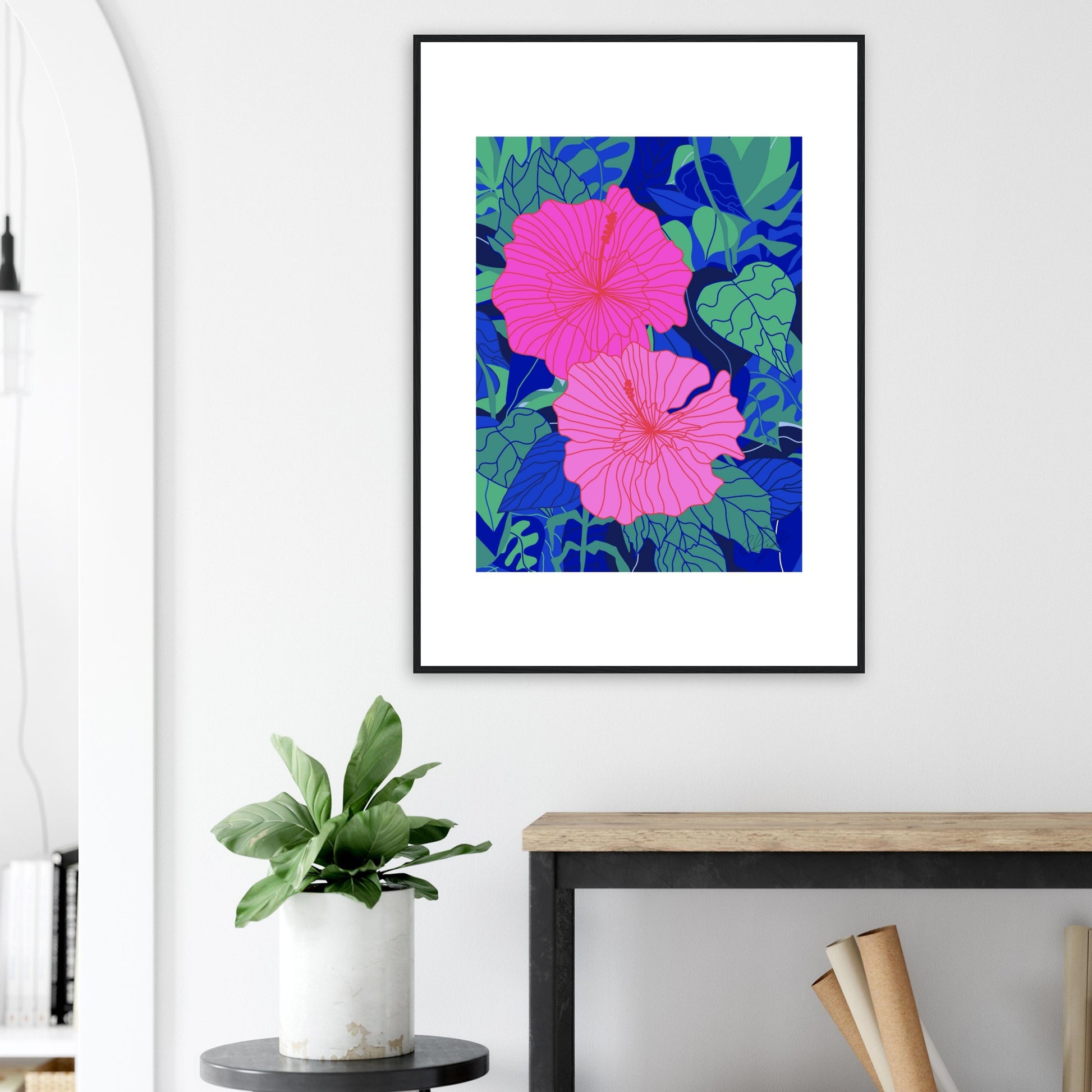 Hot Pink Hibiscus Flower™ Premium Wooden Framed Matte Wall Art Print