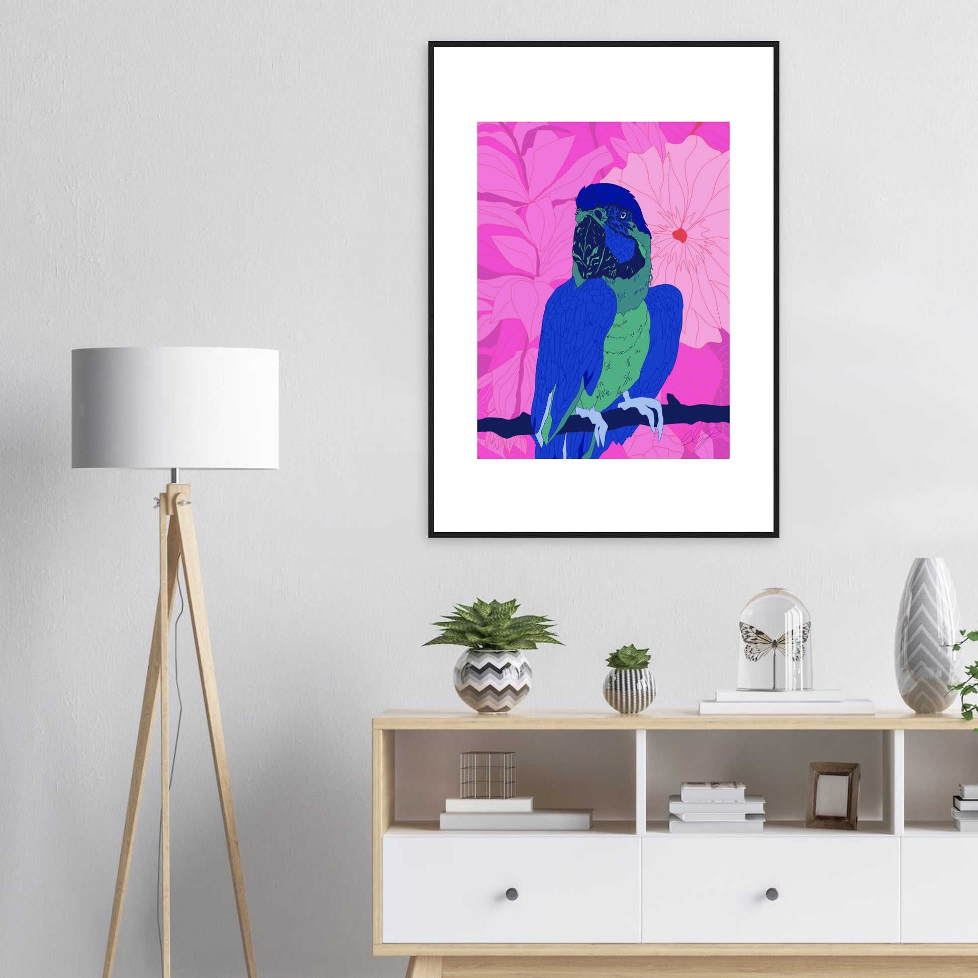 Pink Parrot™ Wooden Framed Matte Art Poster by Charlotte Design