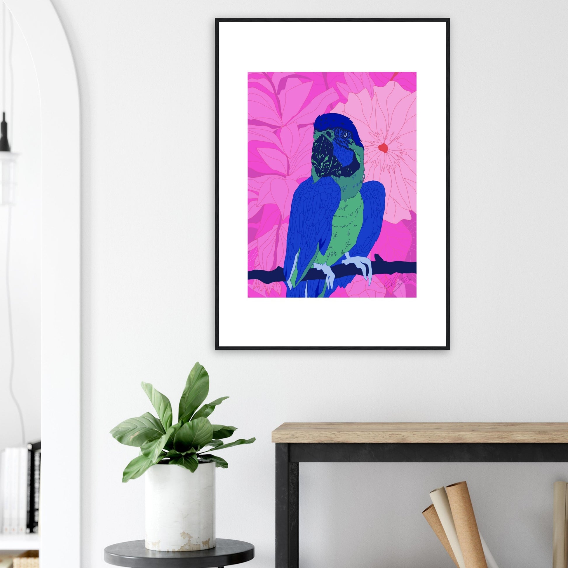Pink Parrot™ Wooden Framed Matte Art Poster by Charlotte Design