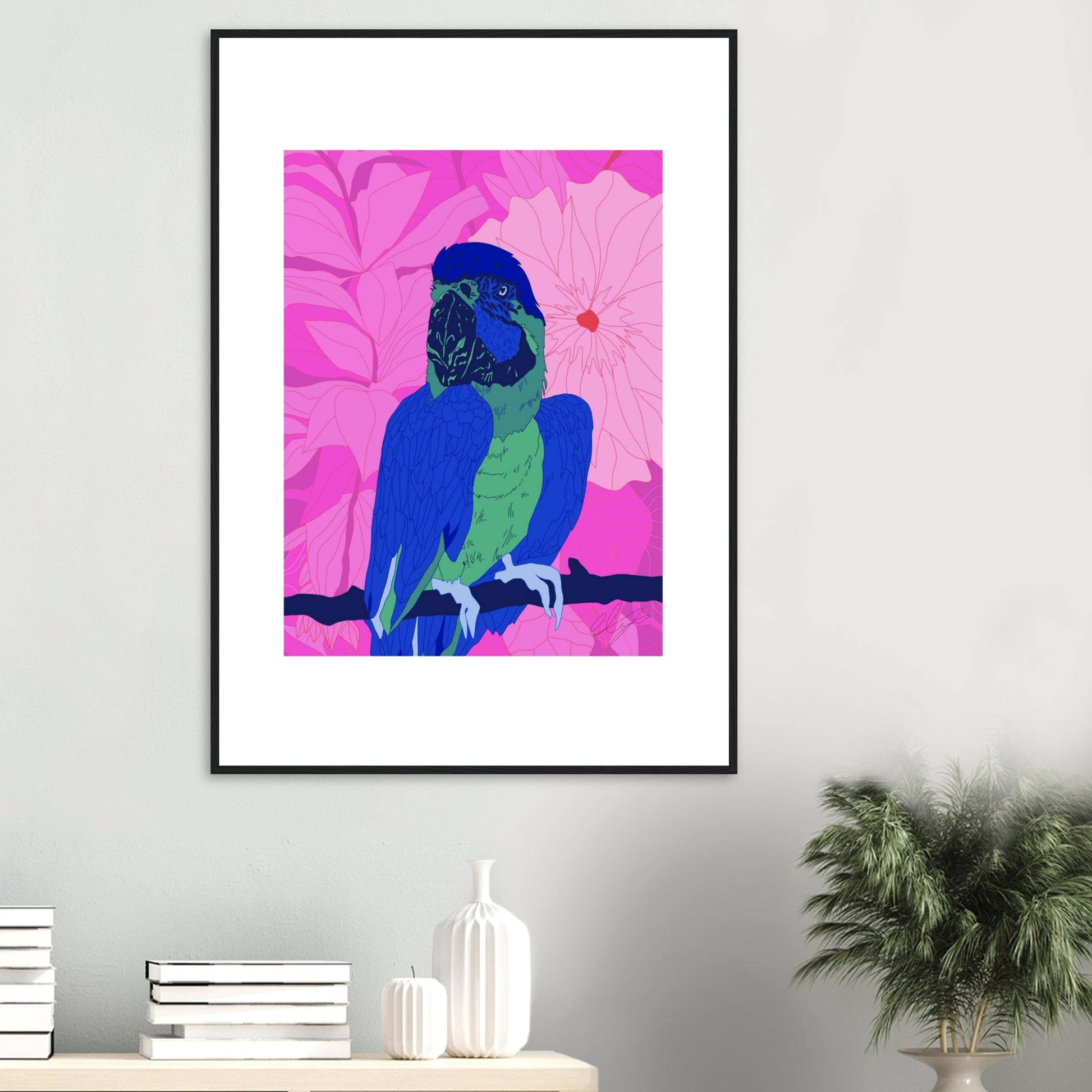 Pink Parrot™ Wooden Framed Matte Art Poster by Charlotte Design
